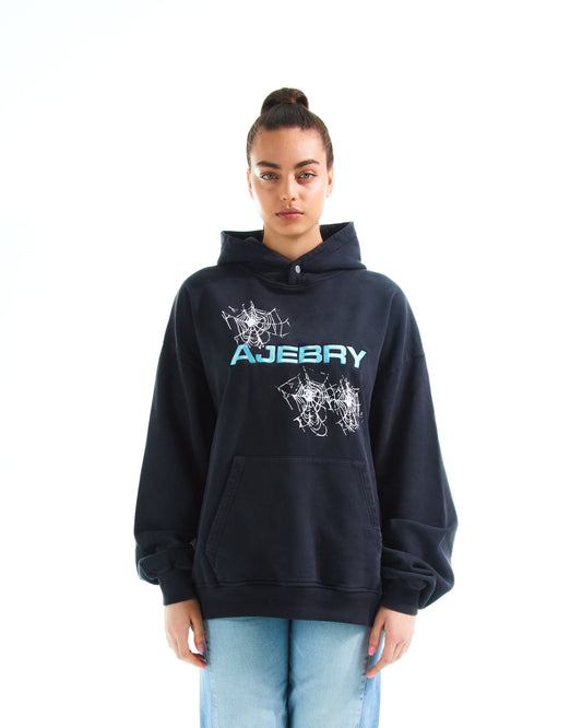 AJEBRY spiderweb cyan embroidered logo hoodie - Vintage Black