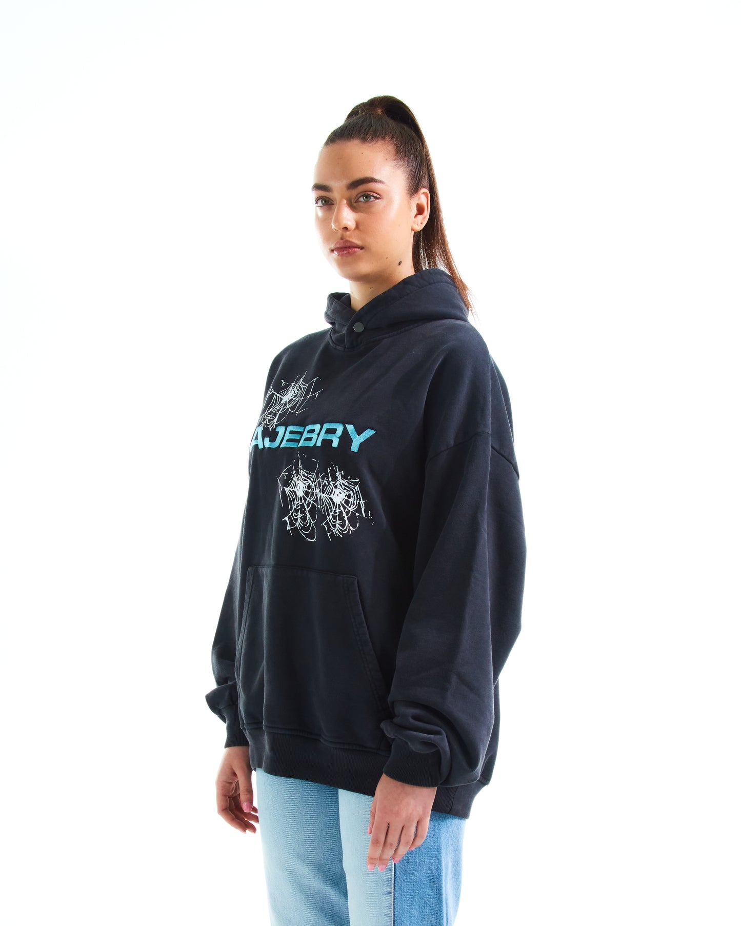 AJEBRY spiderweb cyan embroidered logo hoodie - Vintage Black